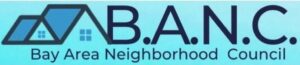 One of the Bay Area Neighborhood Council's Logos. A stylized drawing of rooftops on a light blue gradient background with the acronym B.A.N.C. in the foreground.